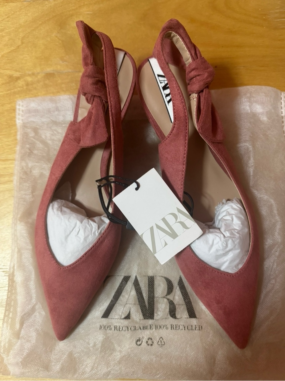 NWT Zara Faux Suede Pointed Slingback Kitten Heels Bow Detail Pink Coral 8